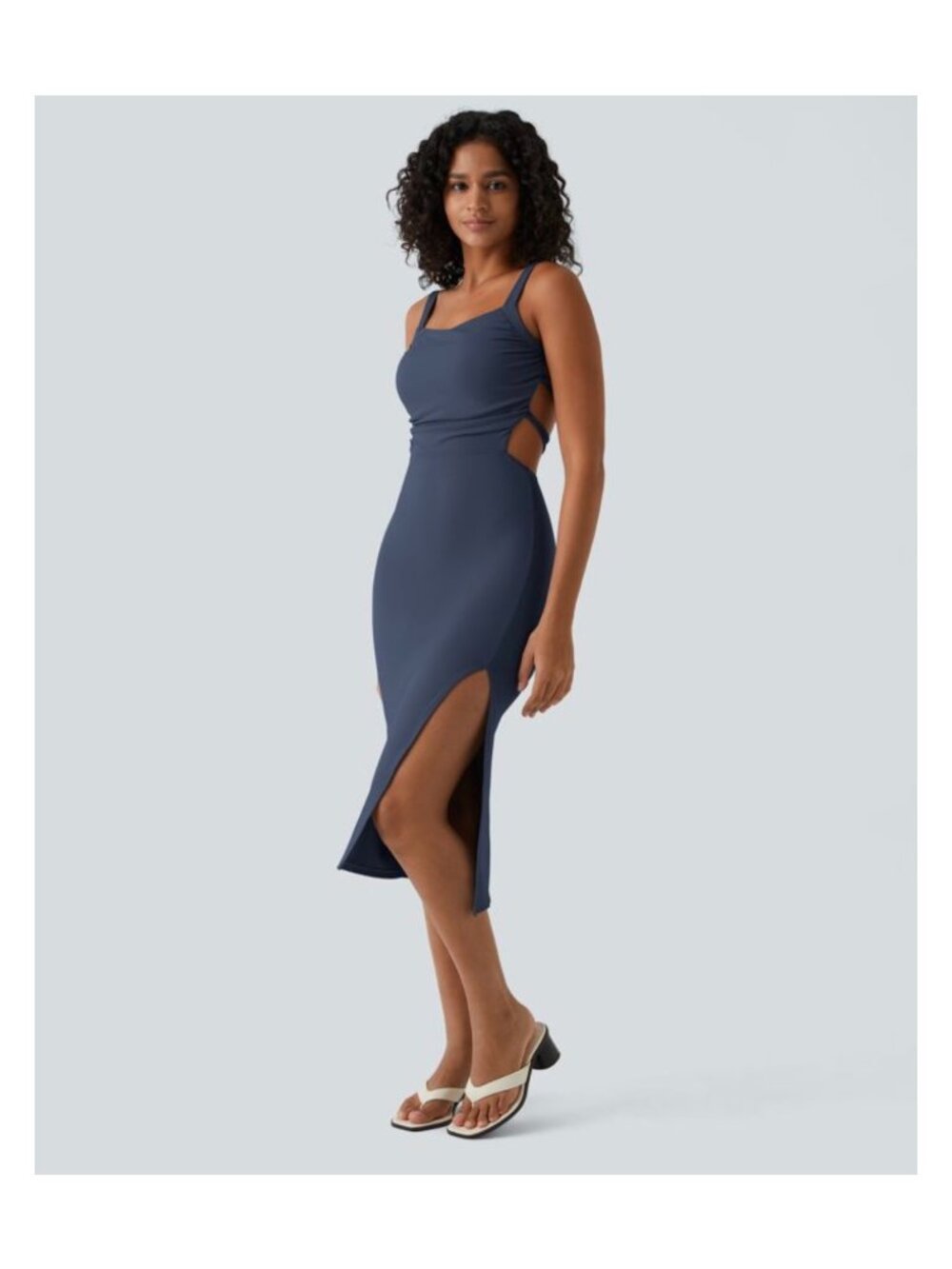 Halara S Navy Midi Dress Lace Up Side Cutouts & Ruched Details Size Small Nylon